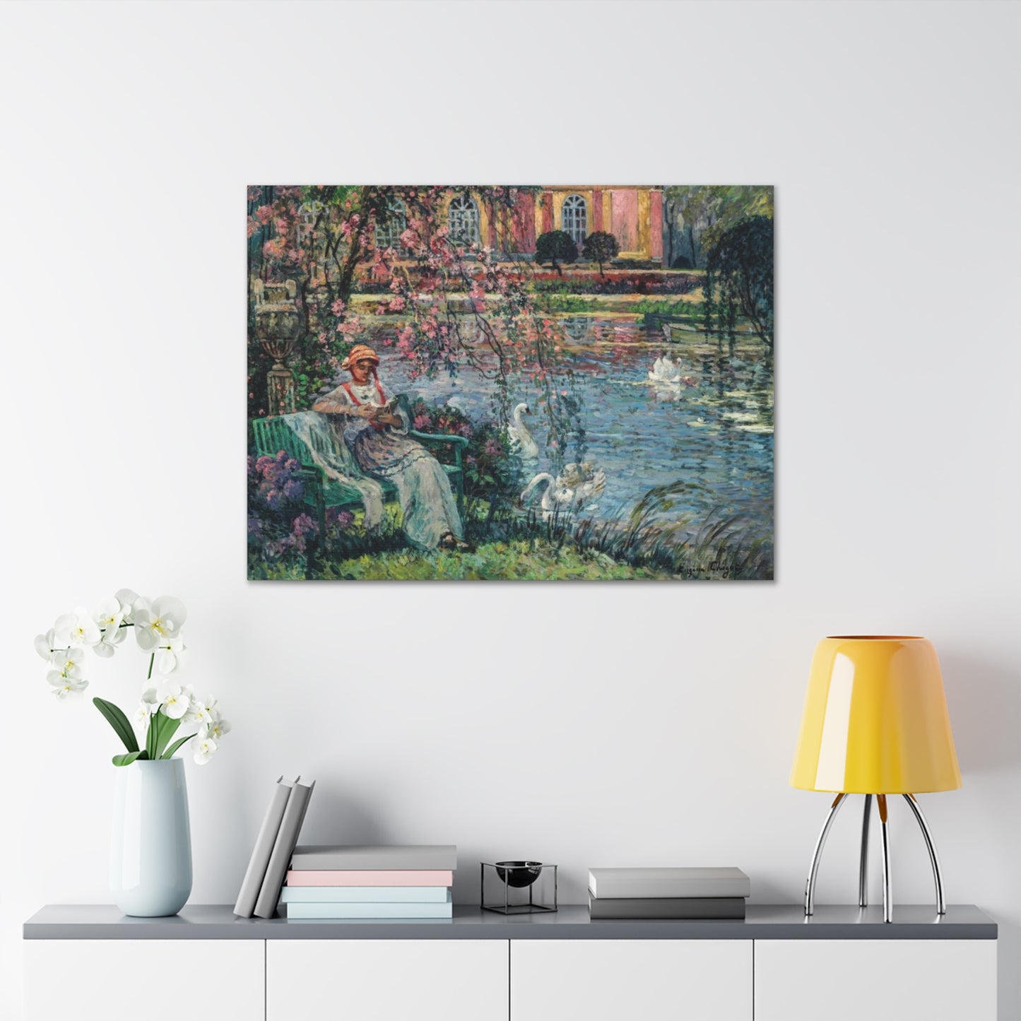 Young Woman by a Lake by Eugene Chigot - Canvas Print