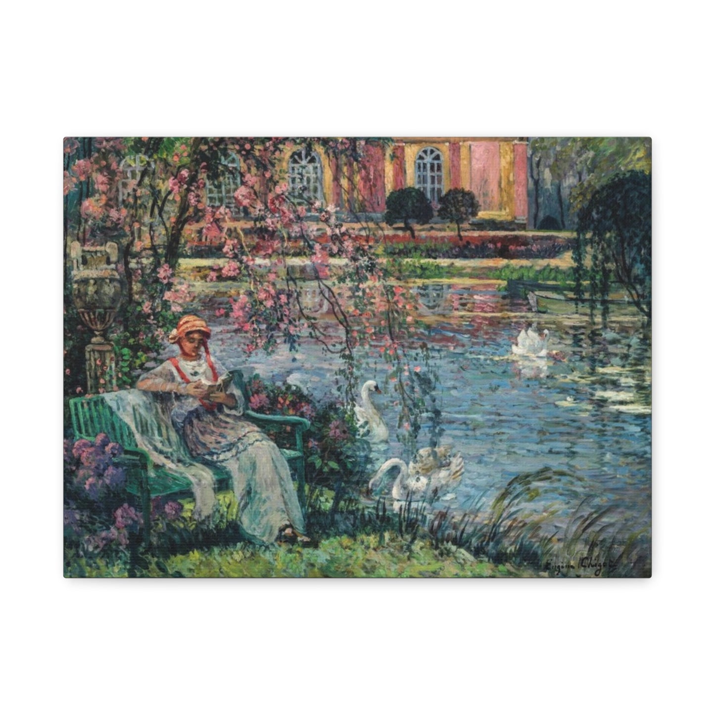 Young Woman by a Lake by Eugene Chigot - Canvas Print