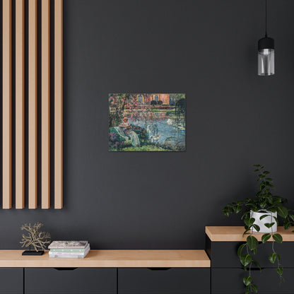Young Woman by a Lake by Eugene Chigot - Canvas Print