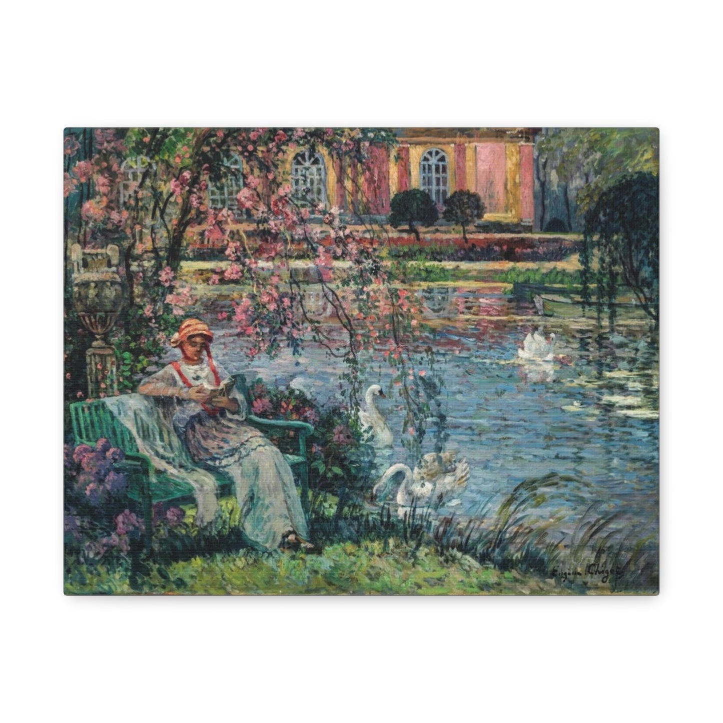 Young Woman by a Lake by Eugene Chigot - Canvas Print