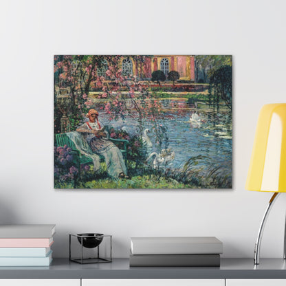 Young Woman by a Lake by Eugene Chigot - Canvas Print